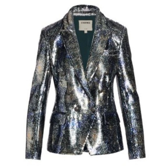 L'Agence Kenzie Sequin Metallic Blazer Jacket Silver Double Breasted Size 16 - Picture 1 of 15